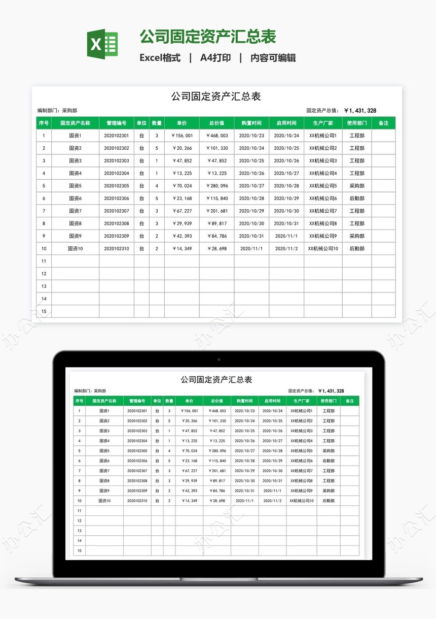 公司固定资产汇总表