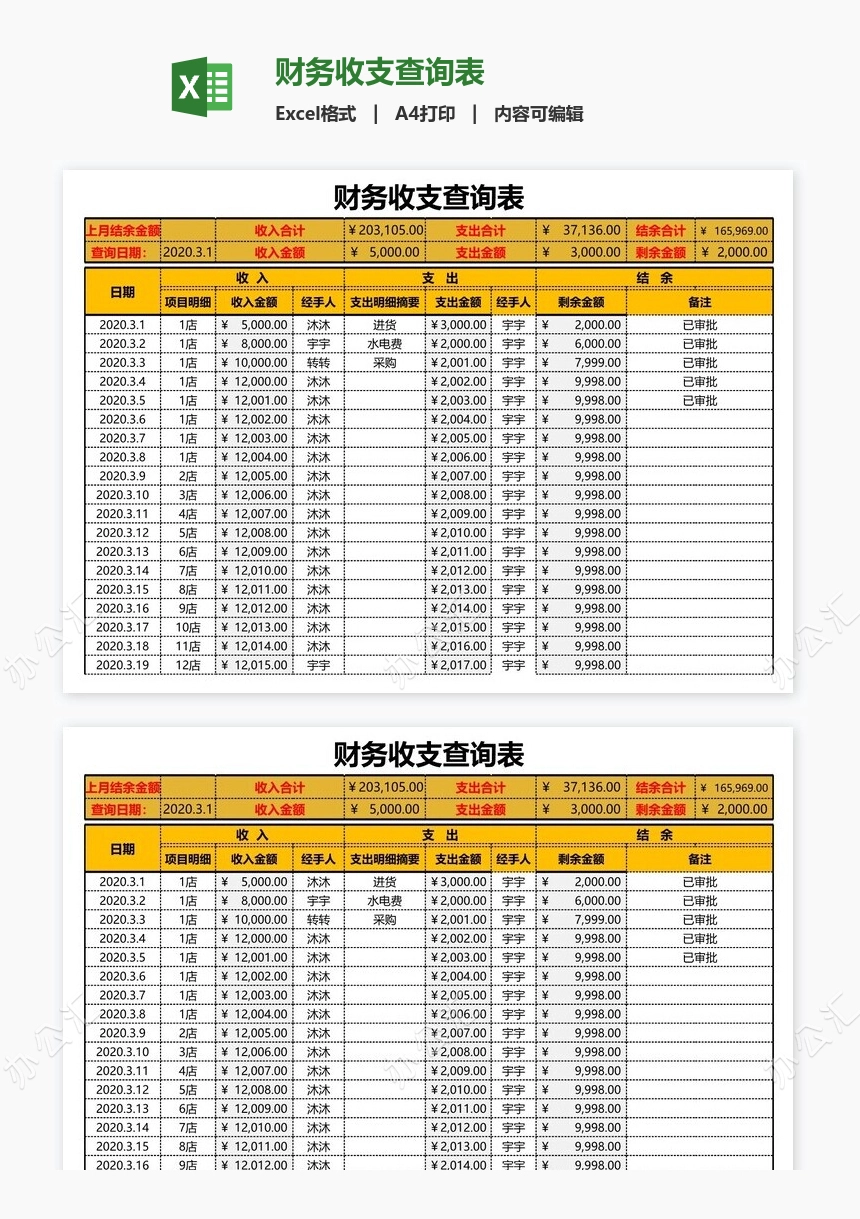 财务收支查询表