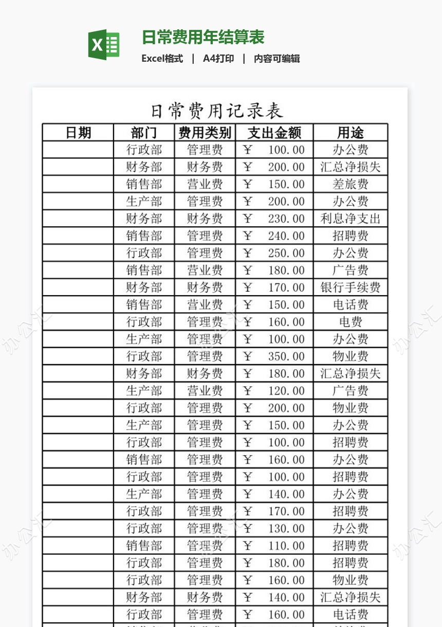 日常费用年结算表