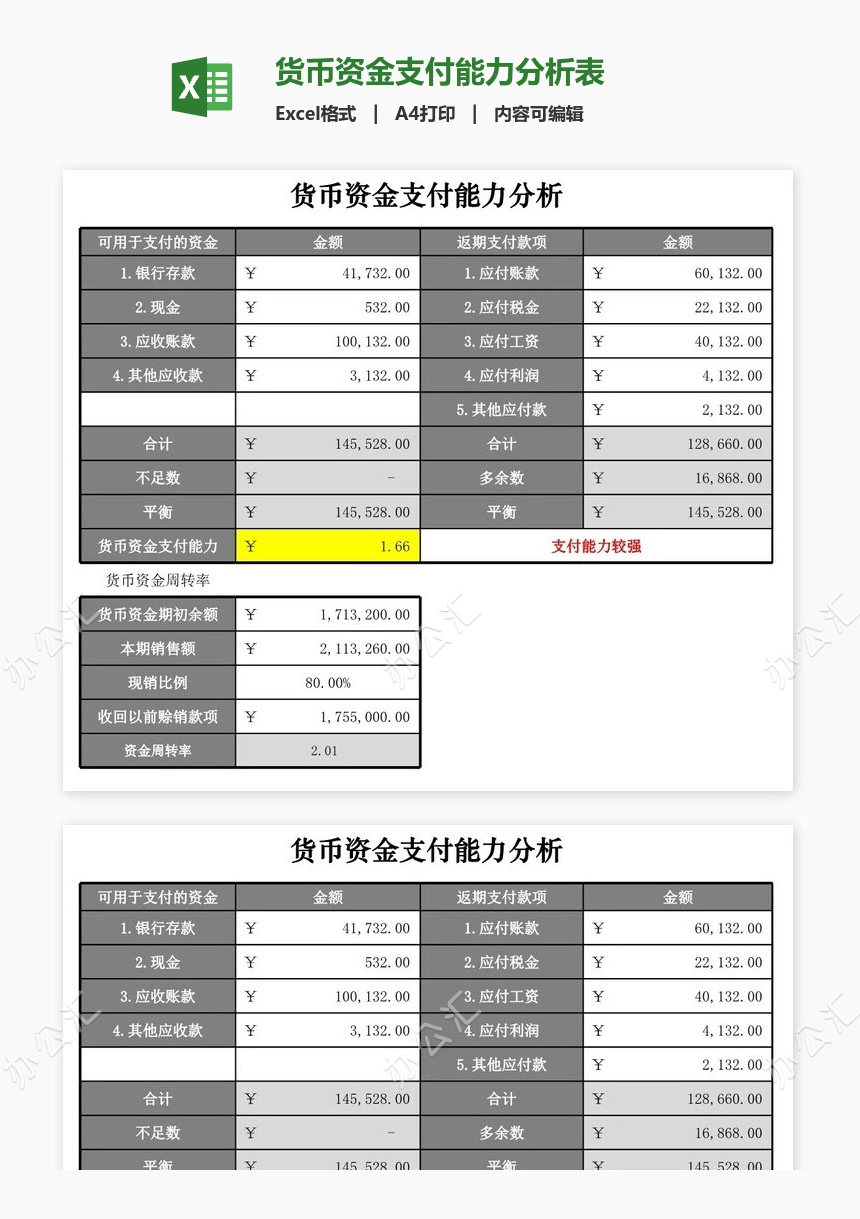 货币资金支付能力分析表