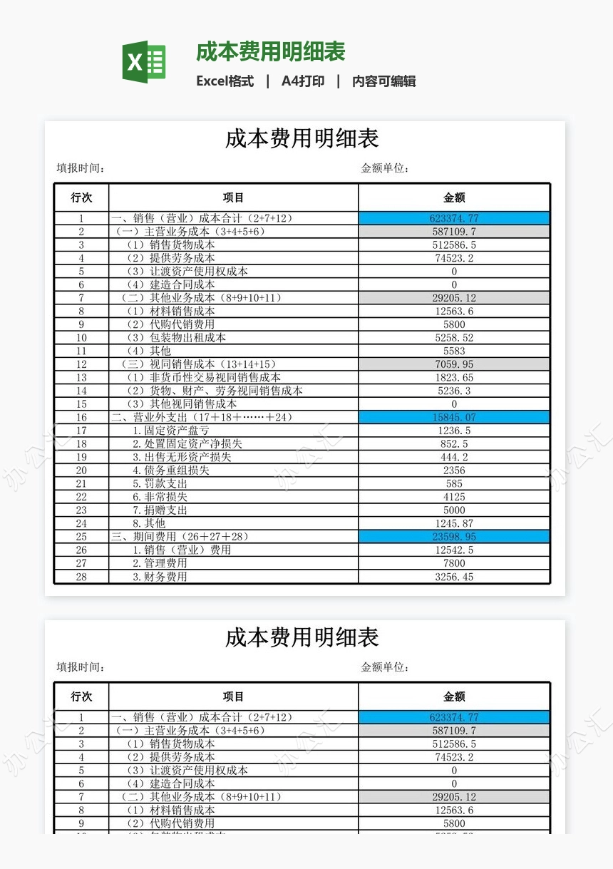 成本费用明细表