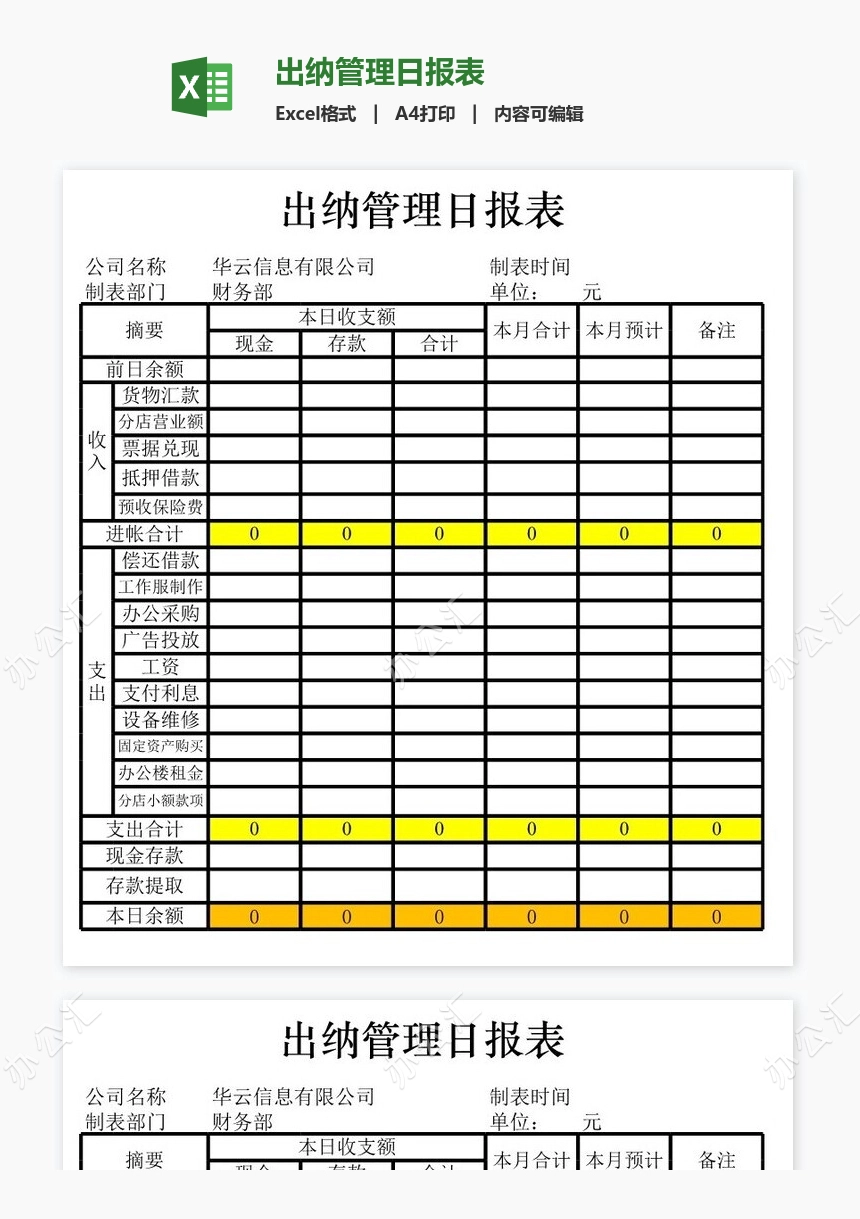 出纳管理日报表