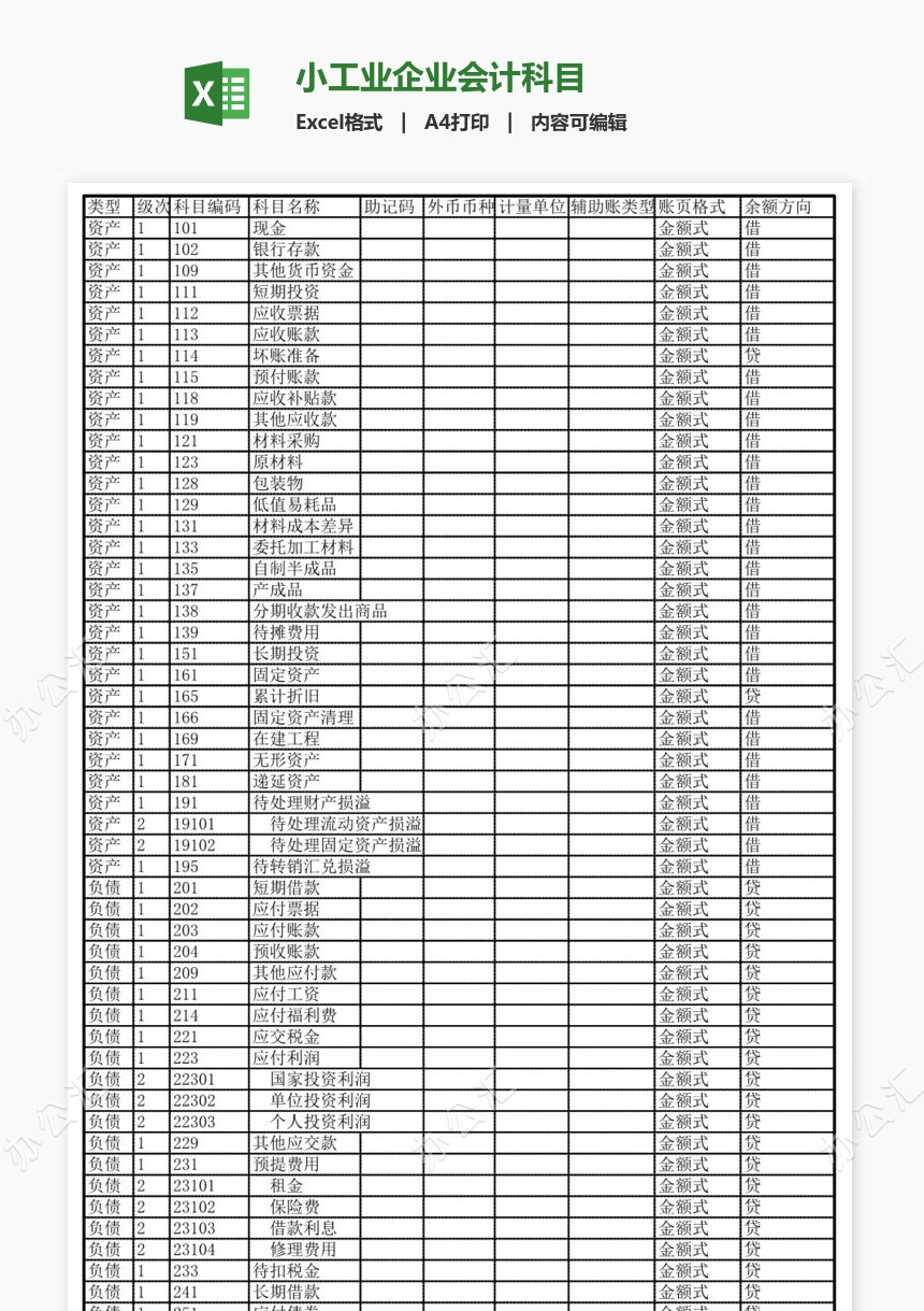 小工业企业会计科目