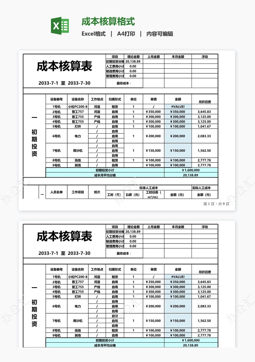 成本核算格式