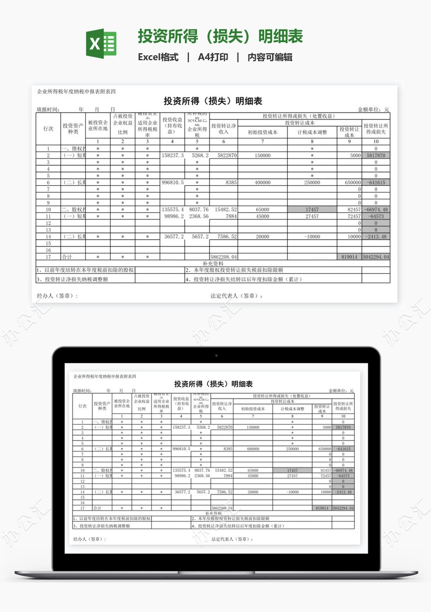 投资所得（损失）明细表