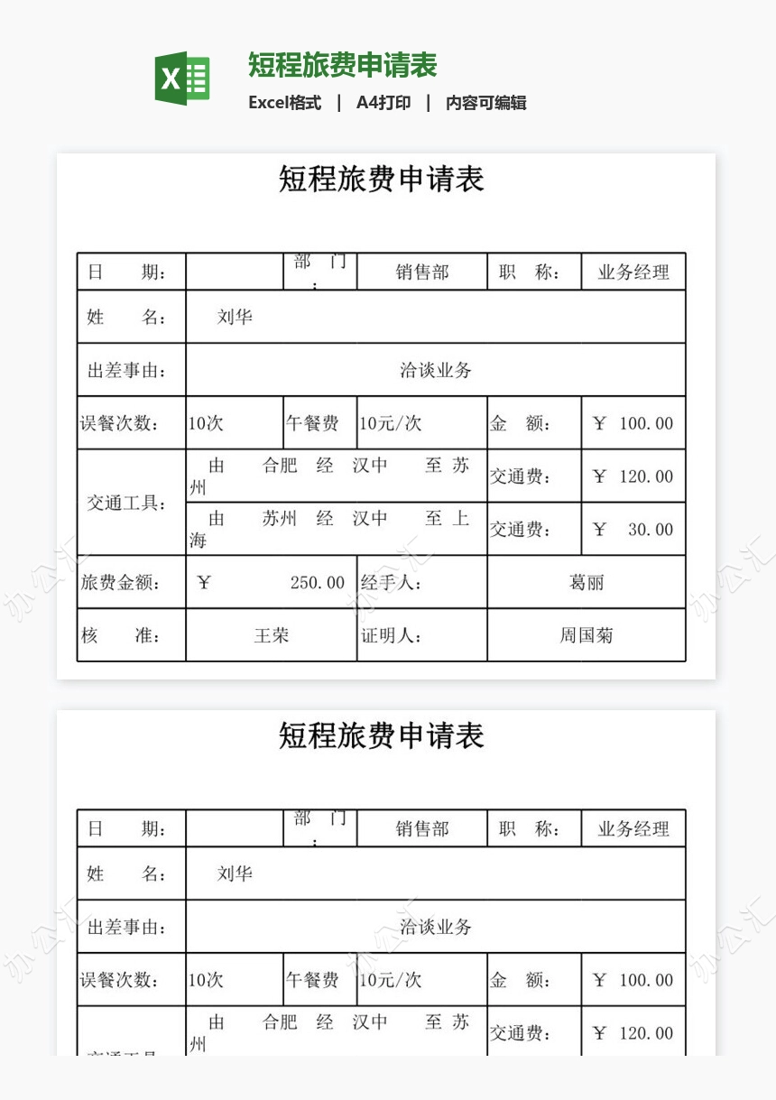 短程旅费申请表