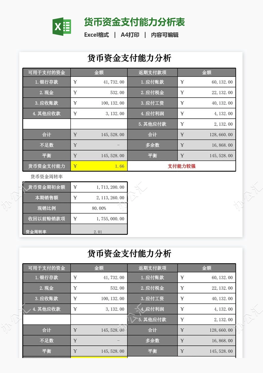 货币资金支付能力分析表