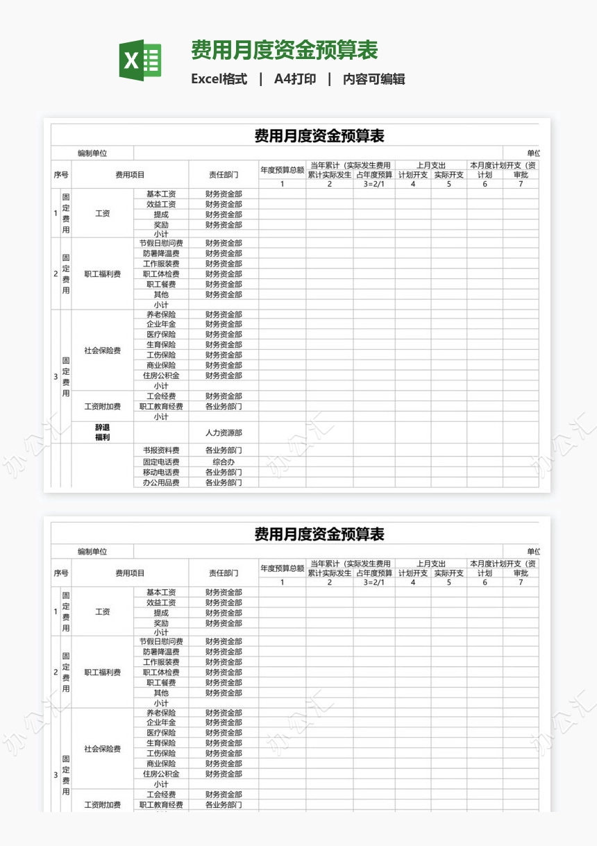 费用月度资金预算表