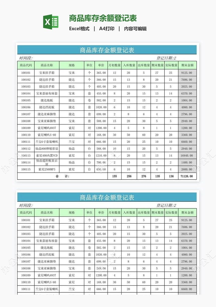 商品库存余额登记表