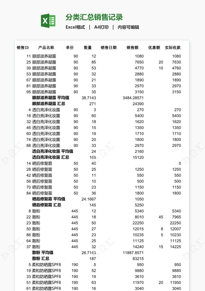 分类汇总销售记录