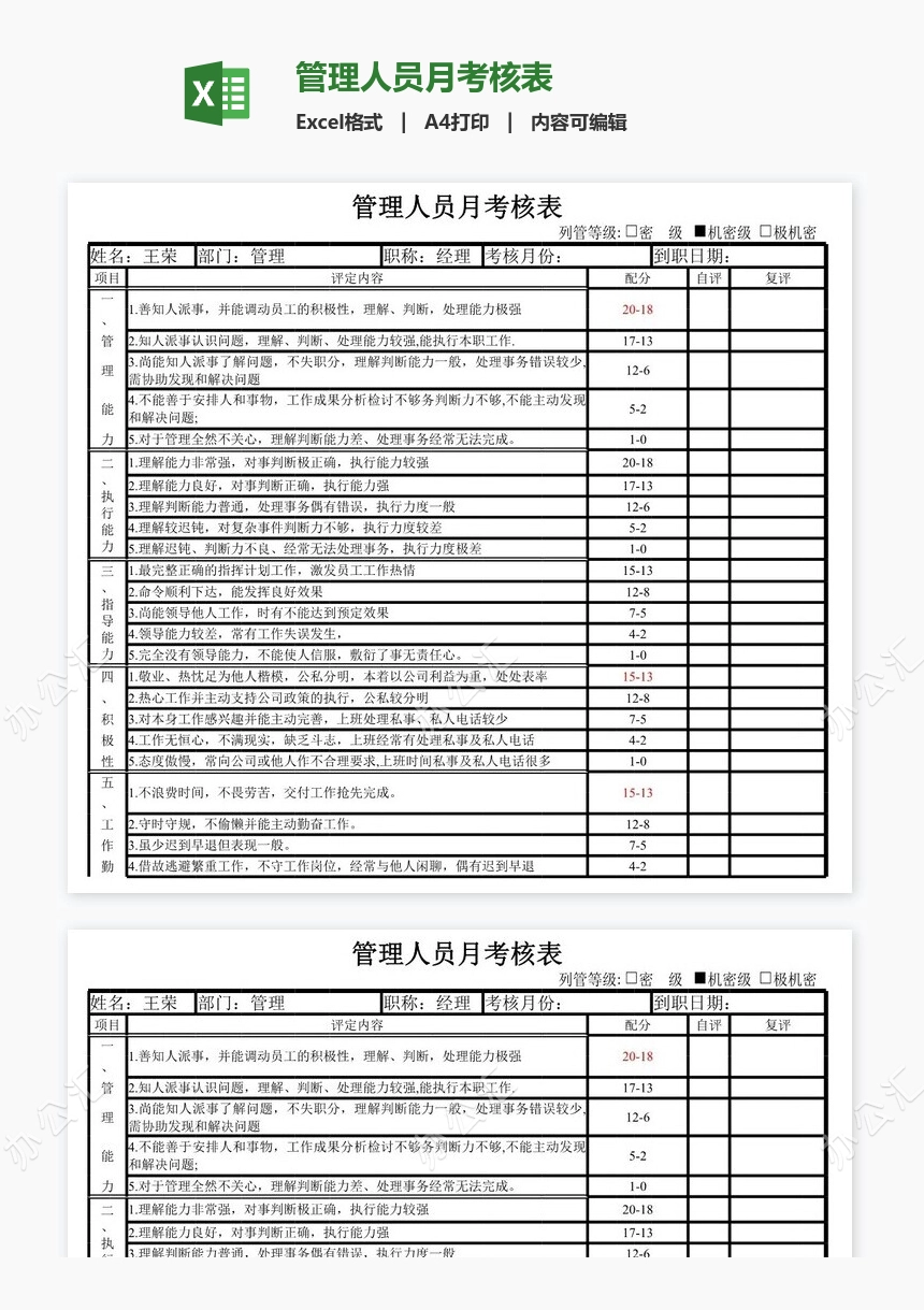 管理人员月考核表