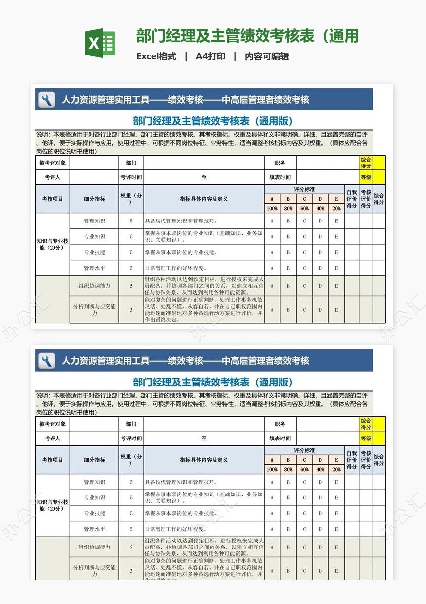 部门经理及主管绩效考核表（通用）