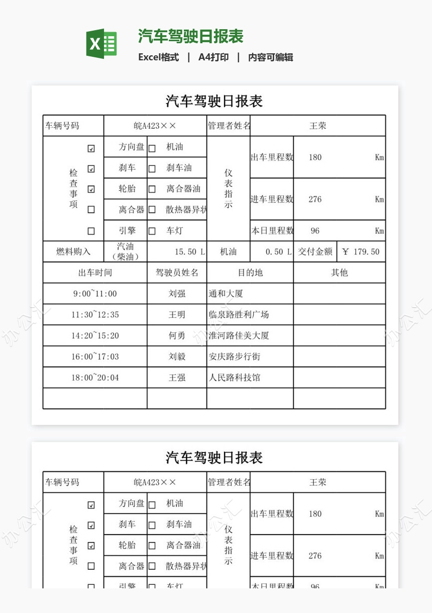 汽车驾驶日报表