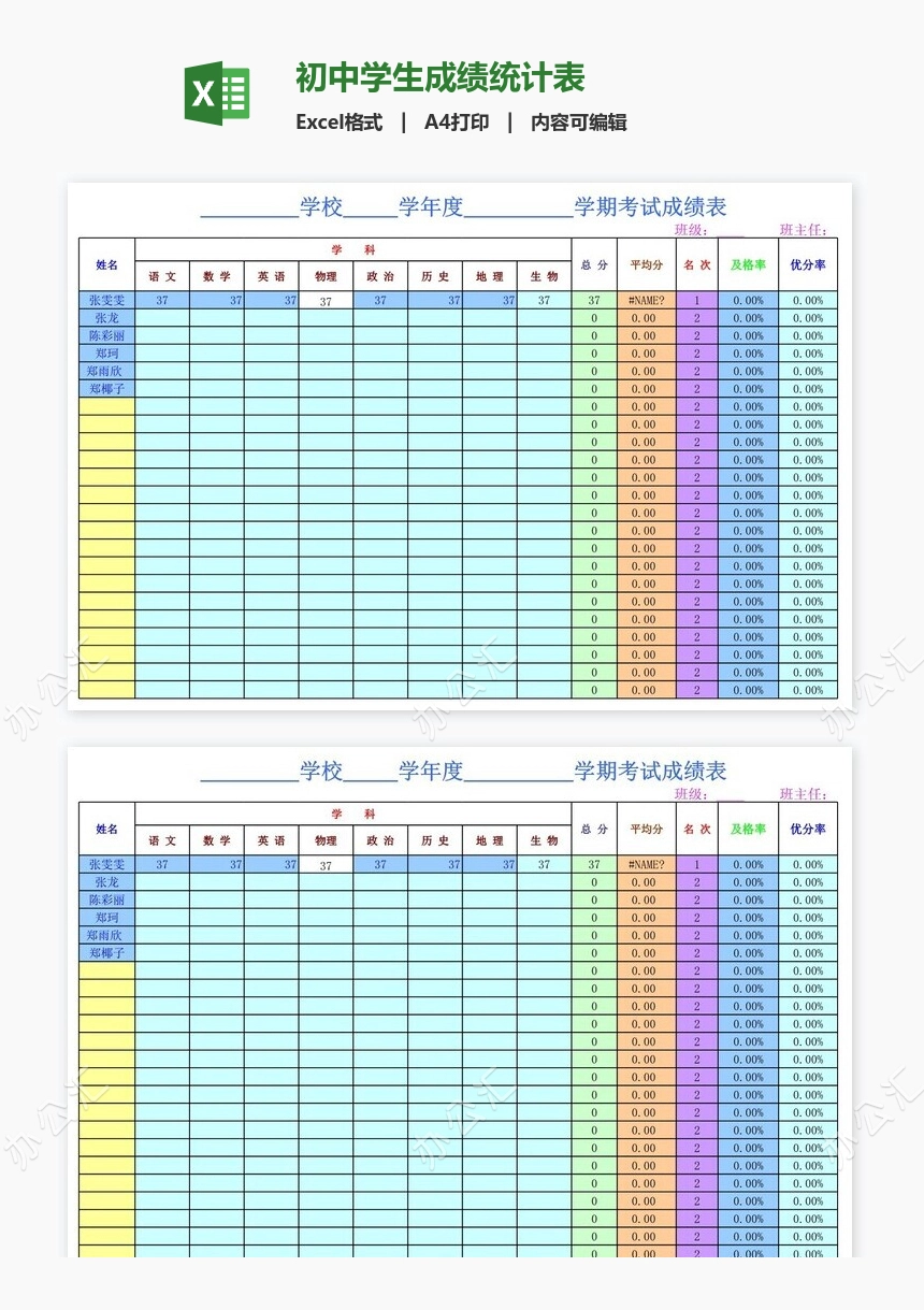 初中学生成绩统计表