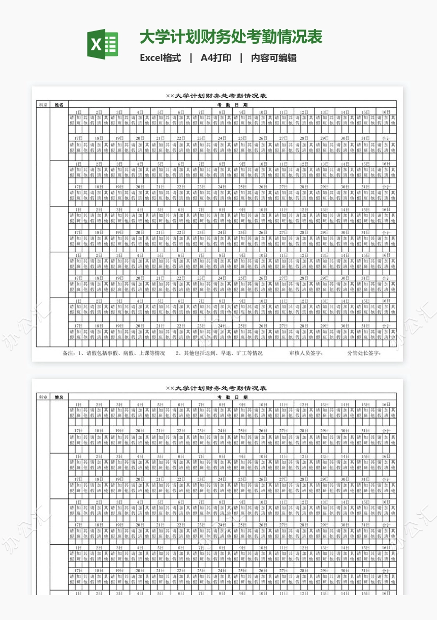 大学计划财务处考勤情况表