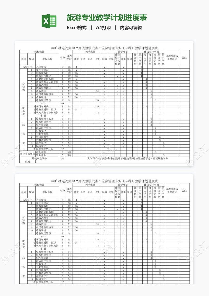 旅游专业教学计划进度表