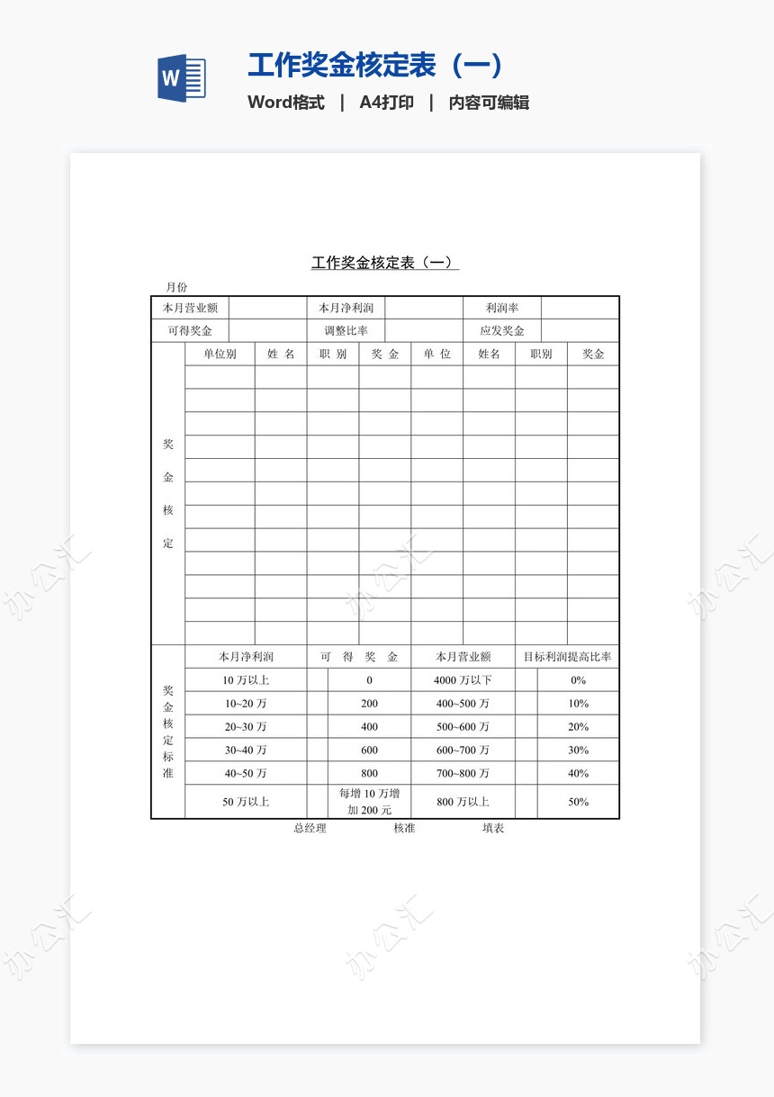 工作奖金核定表（一）